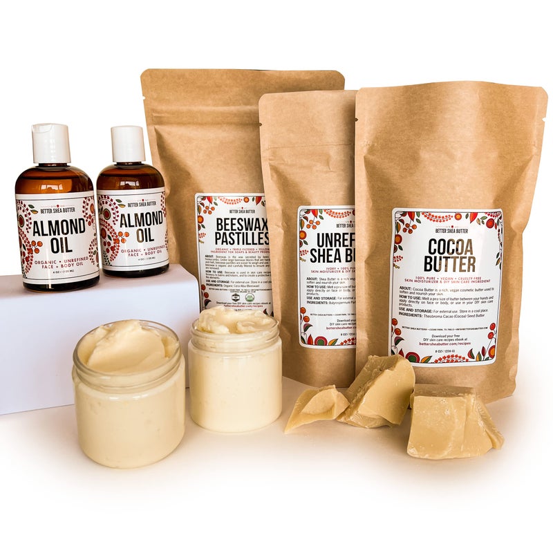 Better Shea Butter Body Butter Making Kit with Unrefined Shea Butter, Raw Cocoa Butter, Organic Beeswax, Organic Almond Oil, Instructions included - LARGE (Makes about 30 4oz Jars) - Image 1